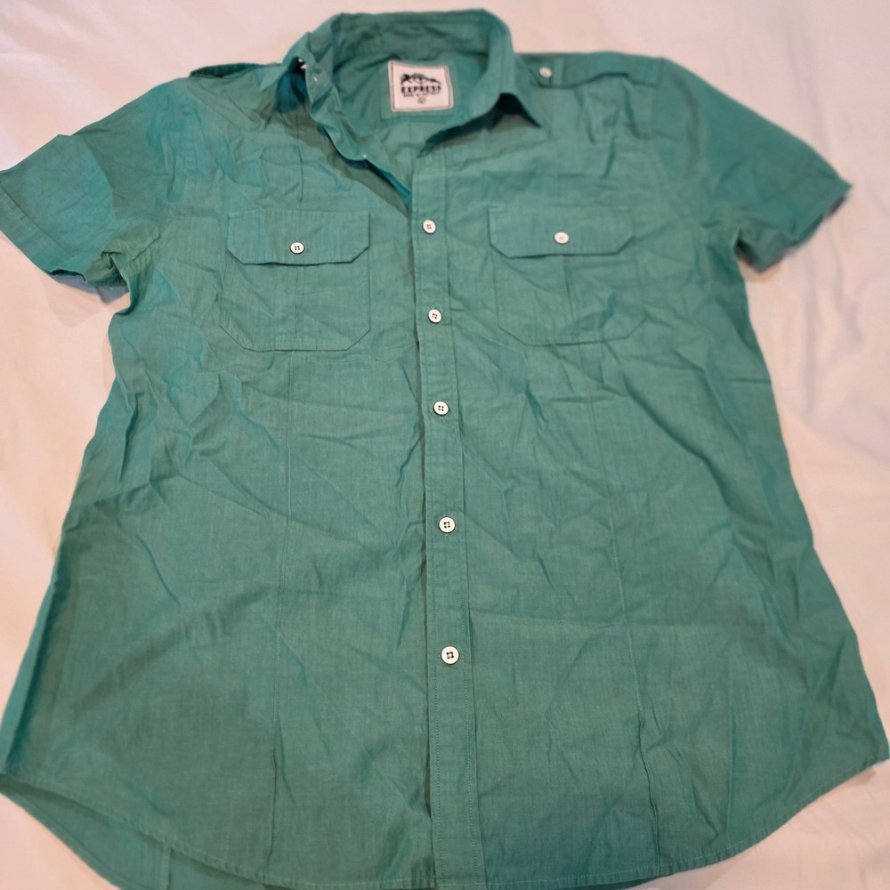 Express Button Down Shirt Mens Large Teal Short Sleeve Epaulette Safari Utility